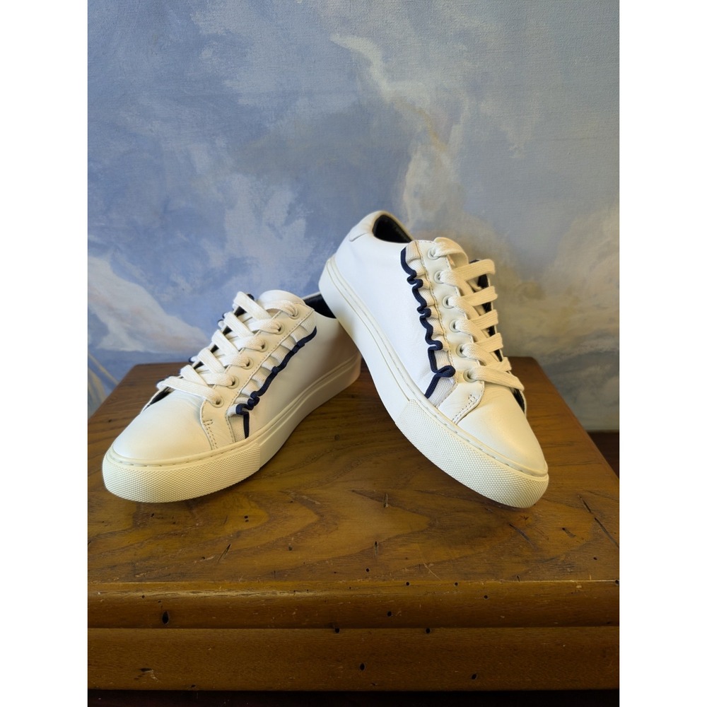 Tory Burch Sport White Blue Ruffle Leather Sneakers Women Size 7M
